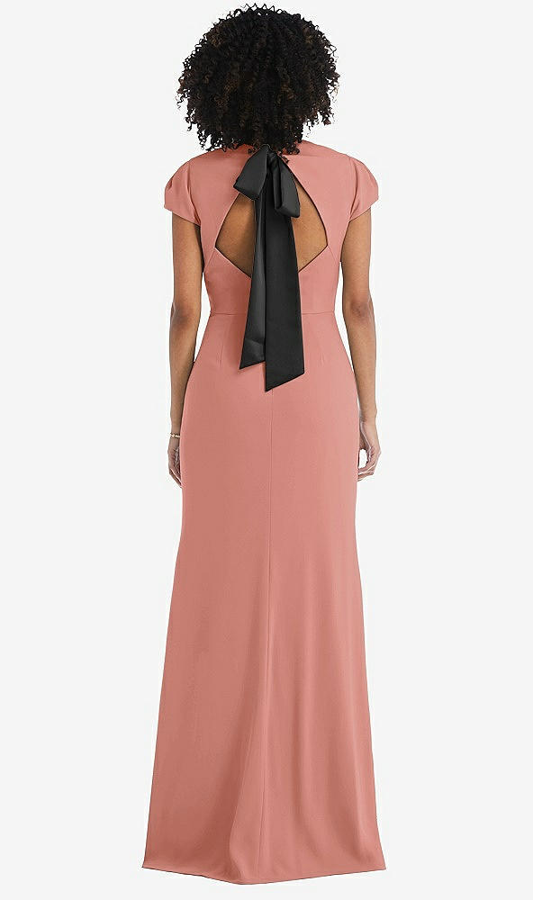 Front View - Desert Rose & Black Puff Cap Sleeve Cutout Tie-Back Trumpet Gown