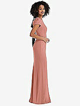 Side View Thumbnail - Desert Rose & Black Puff Cap Sleeve Cutout Tie-Back Trumpet Gown