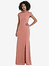 Rear View Thumbnail - Desert Rose & Black Puff Cap Sleeve Cutout Tie-Back Trumpet Gown