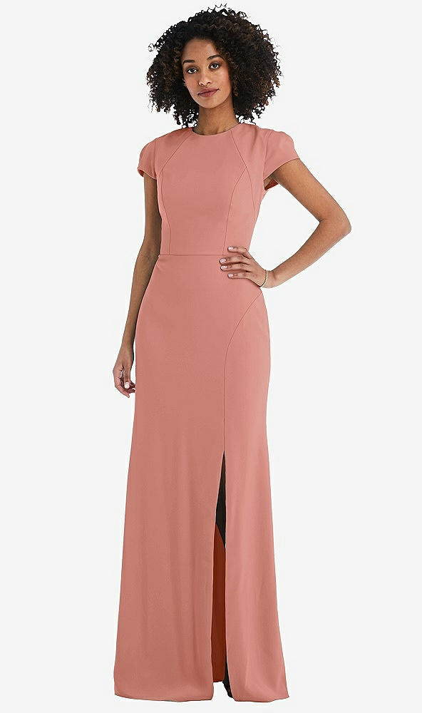 Back View - Desert Rose & Black Puff Cap Sleeve Cutout Tie-Back Trumpet Gown