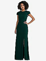 Rear View Thumbnail - Evergreen & Black Puff Cap Sleeve Cutout Tie-Back Trumpet Gown