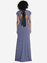 Front View Thumbnail - French Blue & Black Puff Cap Sleeve Cutout Tie-Back Trumpet Gown