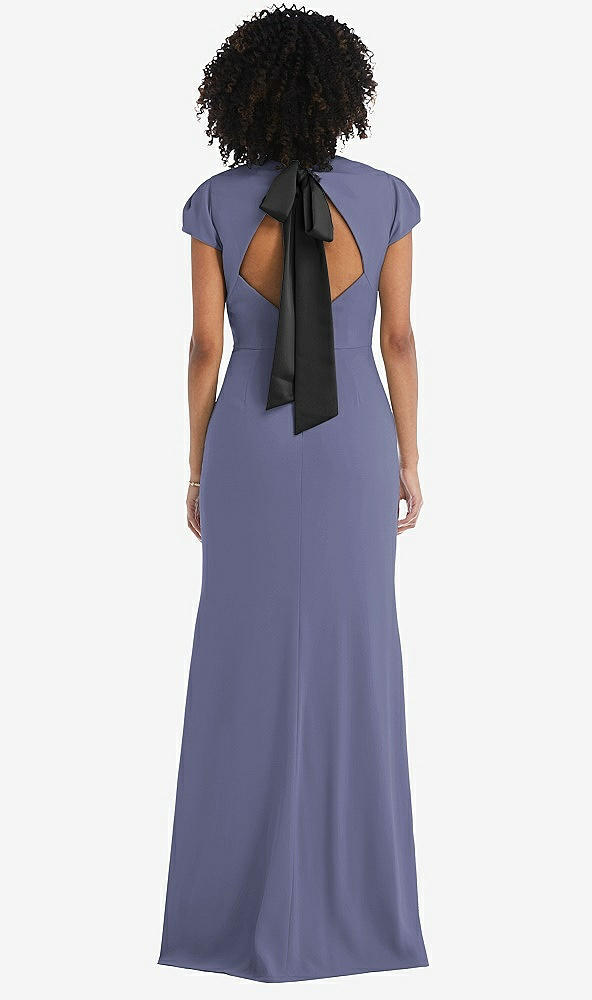 Front View - French Blue & Black Puff Cap Sleeve Cutout Tie-Back Trumpet Gown