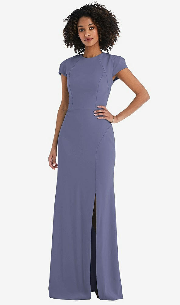 Back View - French Blue & Black Puff Cap Sleeve Cutout Tie-Back Trumpet Gown