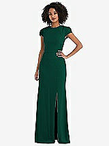 Rear View Thumbnail - Hunter Green & Black Puff Cap Sleeve Cutout Tie-Back Trumpet Gown