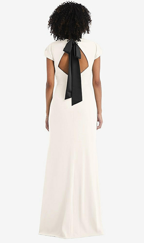 Front View - Ivory & Black Puff Cap Sleeve Cutout Tie-Back Trumpet Gown