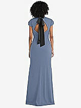 Front View Thumbnail - Larkspur Blue & Black Puff Cap Sleeve Cutout Tie-Back Trumpet Gown