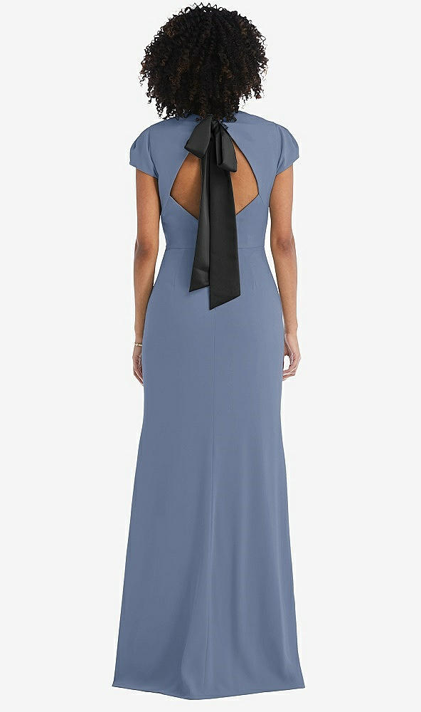 Front View - Larkspur Blue & Black Puff Cap Sleeve Cutout Tie-Back Trumpet Gown