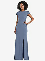 Rear View Thumbnail - Larkspur Blue & Black Puff Cap Sleeve Cutout Tie-Back Trumpet Gown