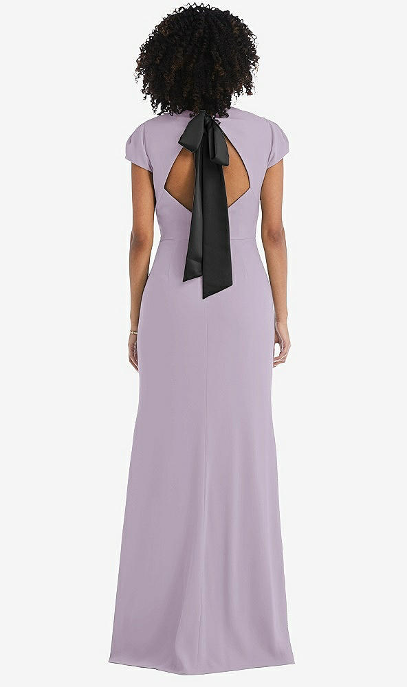 Front View - Lilac Haze & Black Puff Cap Sleeve Cutout Tie-Back Trumpet Gown