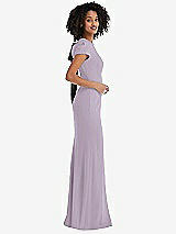 Side View Thumbnail - Lilac Haze & Black Puff Cap Sleeve Cutout Tie-Back Trumpet Gown