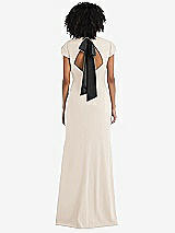 Front View Thumbnail - Oat & Black Puff Cap Sleeve Cutout Tie-Back Trumpet Gown