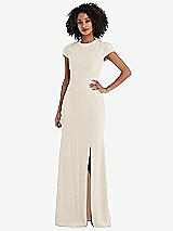 Rear View Thumbnail - Oat & Black Puff Cap Sleeve Cutout Tie-Back Trumpet Gown