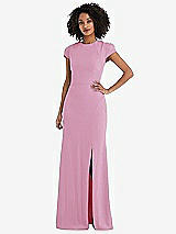 Rear View Thumbnail - Powder Pink & Black Puff Cap Sleeve Cutout Tie-Back Trumpet Gown