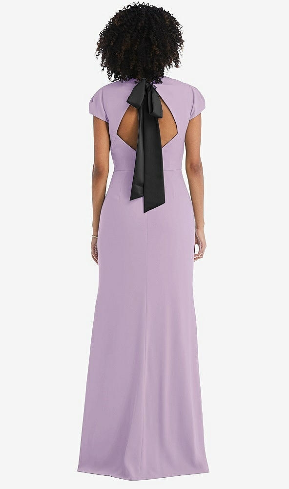 Front View - Pale Purple & Black Puff Cap Sleeve Cutout Tie-Back Trumpet Gown