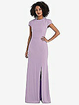 Rear View Thumbnail - Pale Purple & Black Puff Cap Sleeve Cutout Tie-Back Trumpet Gown