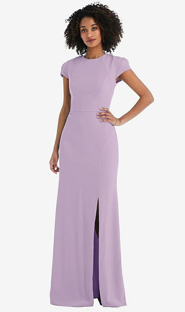 Back View - Pale Purple & Black Puff Cap Sleeve Cutout Tie-Back Trumpet Gown