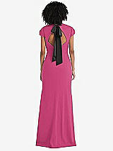 Front View Thumbnail - Tea Rose & Black Puff Cap Sleeve Cutout Tie-Back Trumpet Gown