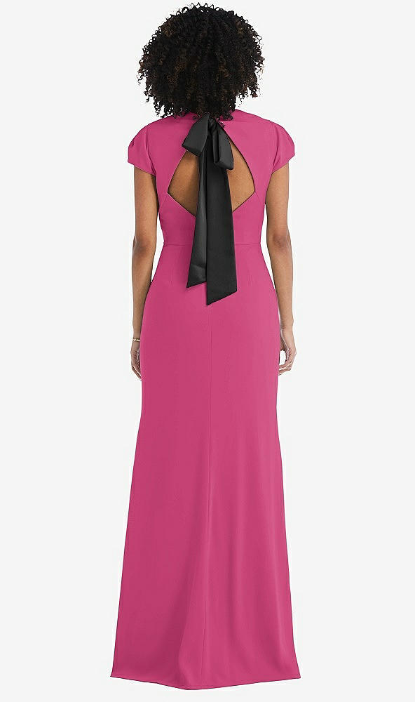 Front View - Tea Rose & Black Puff Cap Sleeve Cutout Tie-Back Trumpet Gown