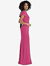 Side View Thumbnail - Tea Rose & Black Puff Cap Sleeve Cutout Tie-Back Trumpet Gown