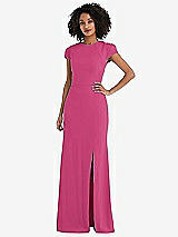 Rear View Thumbnail - Tea Rose & Black Puff Cap Sleeve Cutout Tie-Back Trumpet Gown