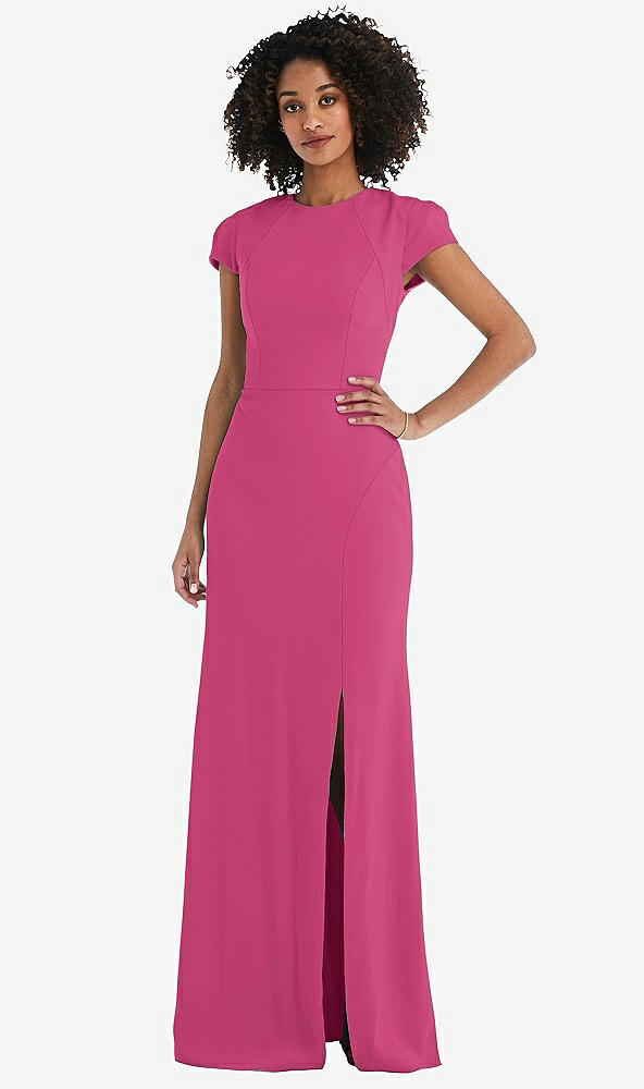 Back View - Tea Rose & Black Puff Cap Sleeve Cutout Tie-Back Trumpet Gown