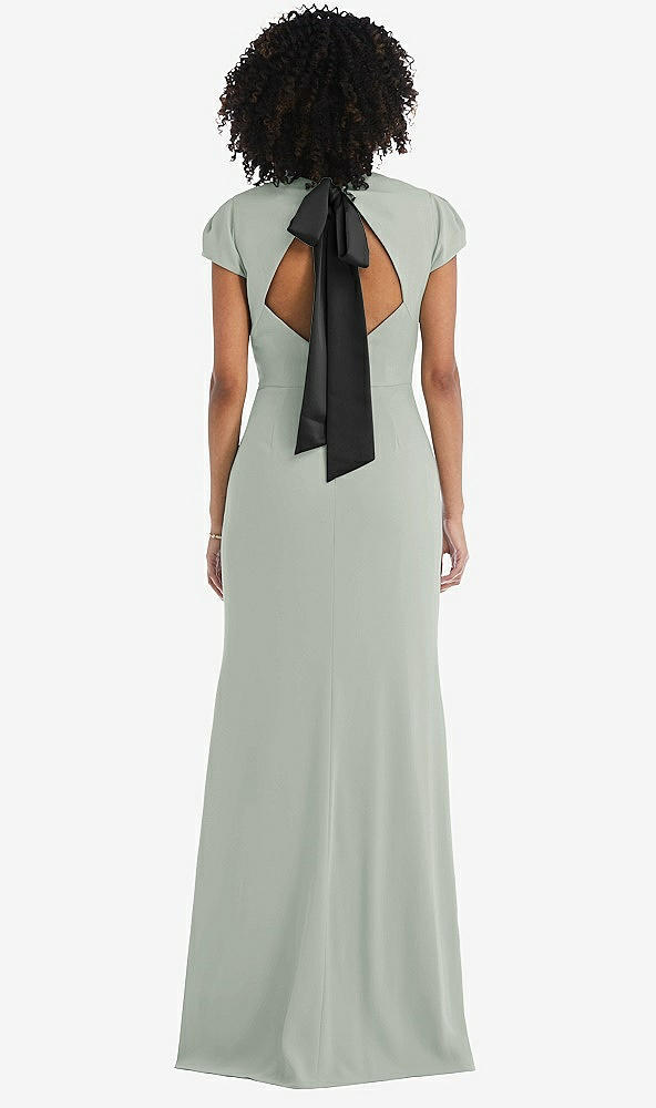 Front View - Willow Green & Black Puff Cap Sleeve Cutout Tie-Back Trumpet Gown