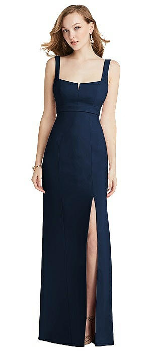 Wide Strap Notch Empire Waist Dress with Front Slit