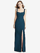 Front View Thumbnail - Atlantic Blue Wide Strap Notch Empire Waist Dress with Front Slit