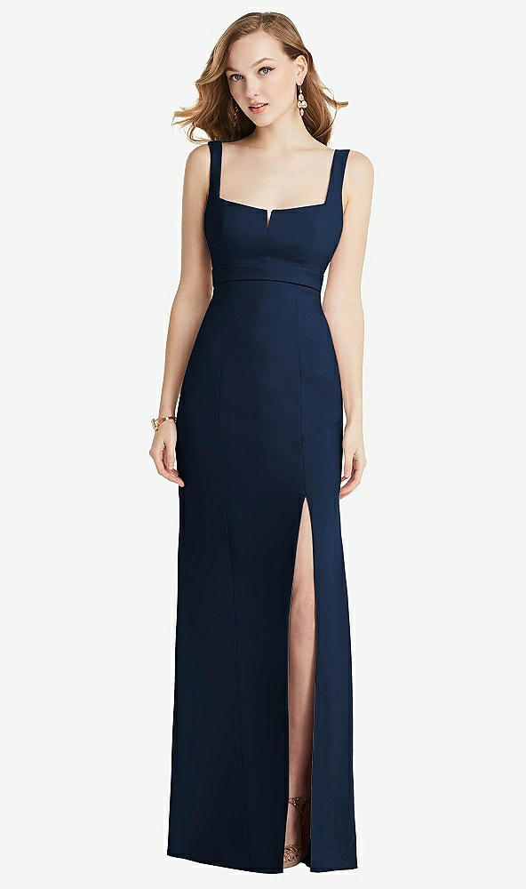 Front View - Midnight Navy Wide Strap Notch Empire Waist Dress with Front Slit