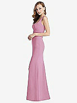 Side View Thumbnail - Powder Pink Wide Strap Notch Empire Waist Dress with Front Slit