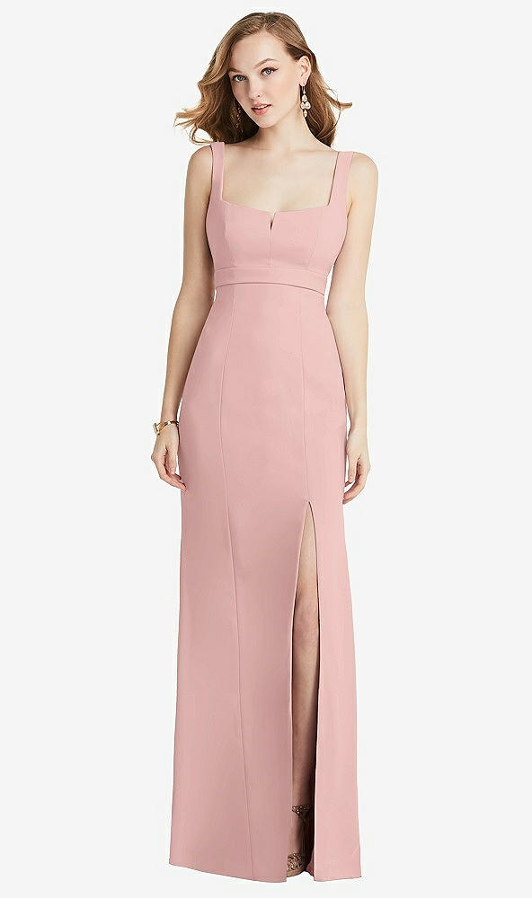 Front View - Rose - PANTONE Rose Quartz Wide Strap Notch Empire Waist Dress with Front Slit