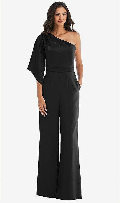 One shoulder Bell Sleeve Jumpsuit With Pockets In Black Black The Dessy Group