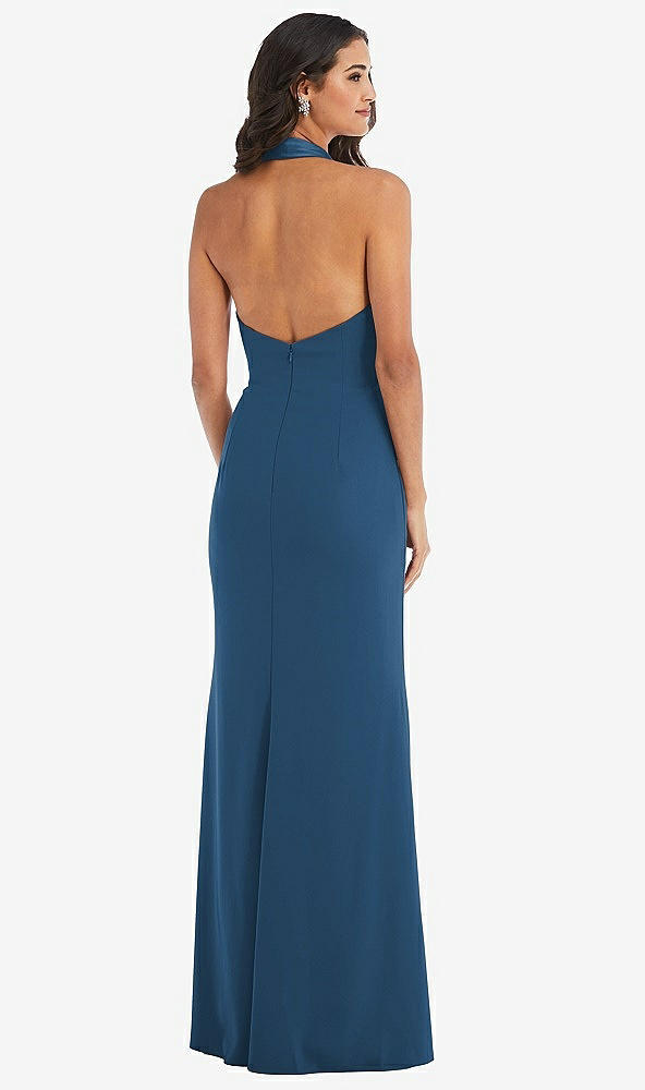 Back View - Dusk Blue Halter Tuxedo Maxi Dress with Front Slit