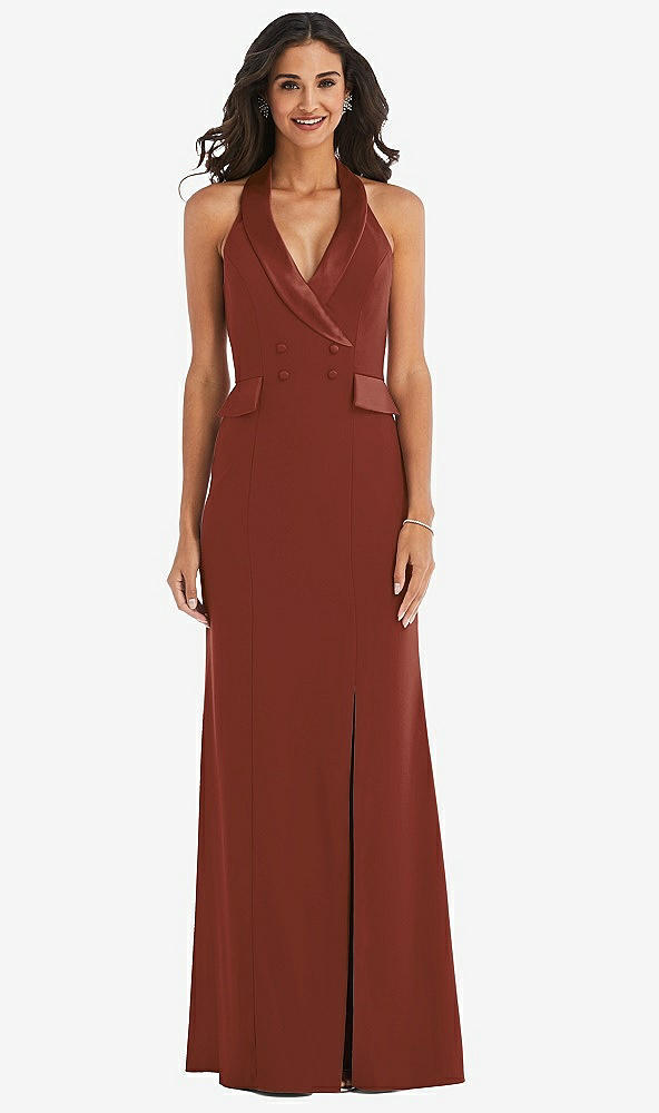 Front View - Auburn Moon Halter Tuxedo Maxi Dress with Front Slit