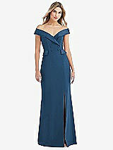 Front View Thumbnail - Dusk Blue Off-the-Shoulder Tuxedo Maxi Dress with Front Slit