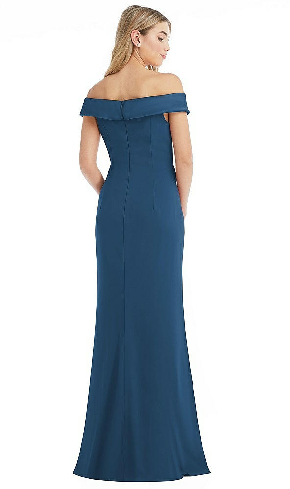 Back View - Dusk Blue Off-the-Shoulder Tuxedo Maxi Dress with Front Slit