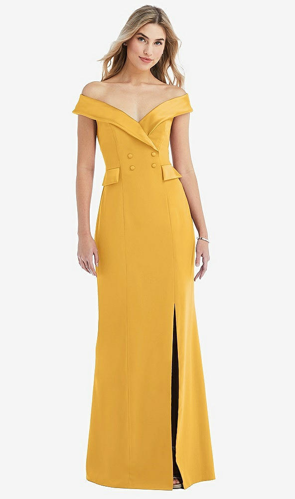 Front View - NYC Yellow Off-the-Shoulder Tuxedo Maxi Dress with Front Slit