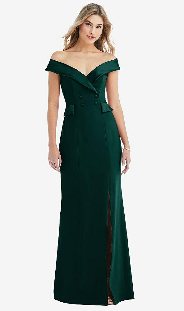 Front View - Evergreen Off-the-Shoulder Tuxedo Maxi Dress with Front Slit