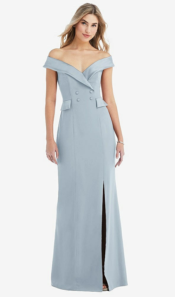 Front View - Mist Off-the-Shoulder Tuxedo Maxi Dress with Front Slit