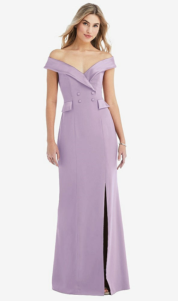 Front View - Pale Purple Off-the-Shoulder Tuxedo Maxi Dress with Front Slit