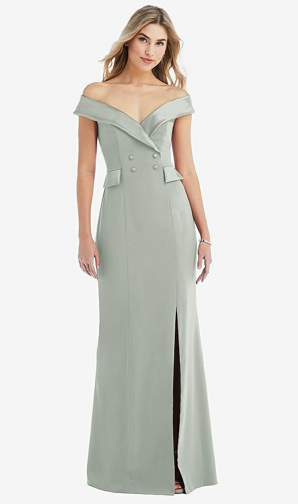 Front View - Willow Green Off-the-Shoulder Tuxedo Maxi Dress with Front Slit