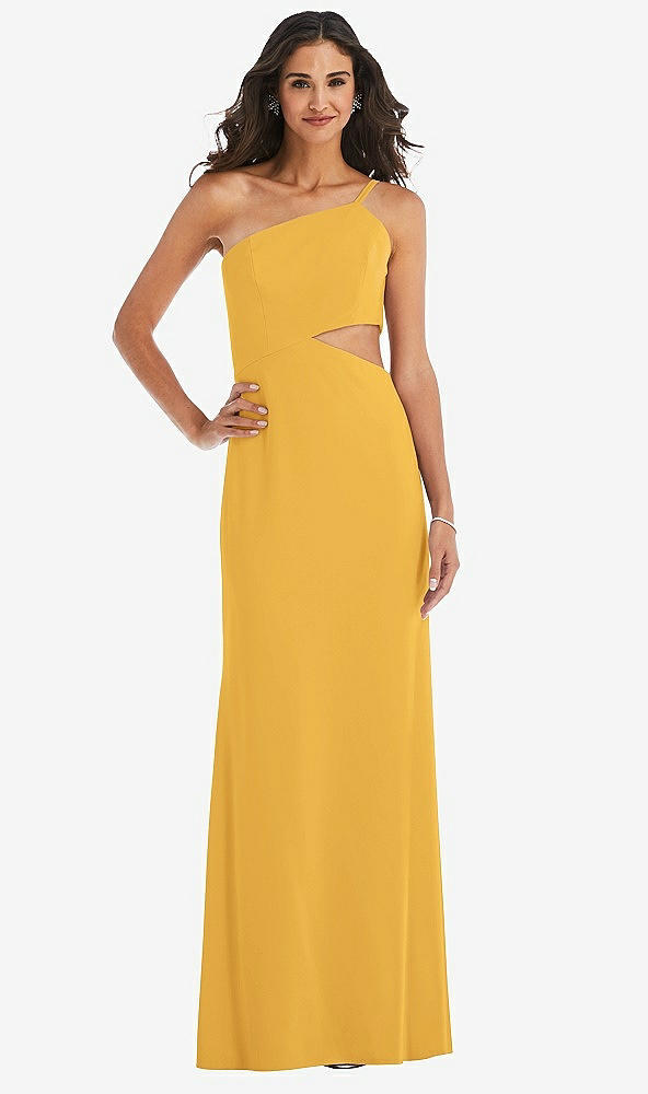 Front View - NYC Yellow One-Shoulder Midriff Cutout Maxi Dress