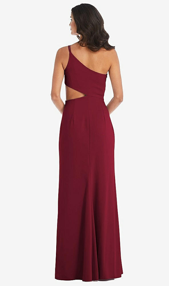 Back View - Burgundy One-Shoulder Midriff Cutout Maxi Dress