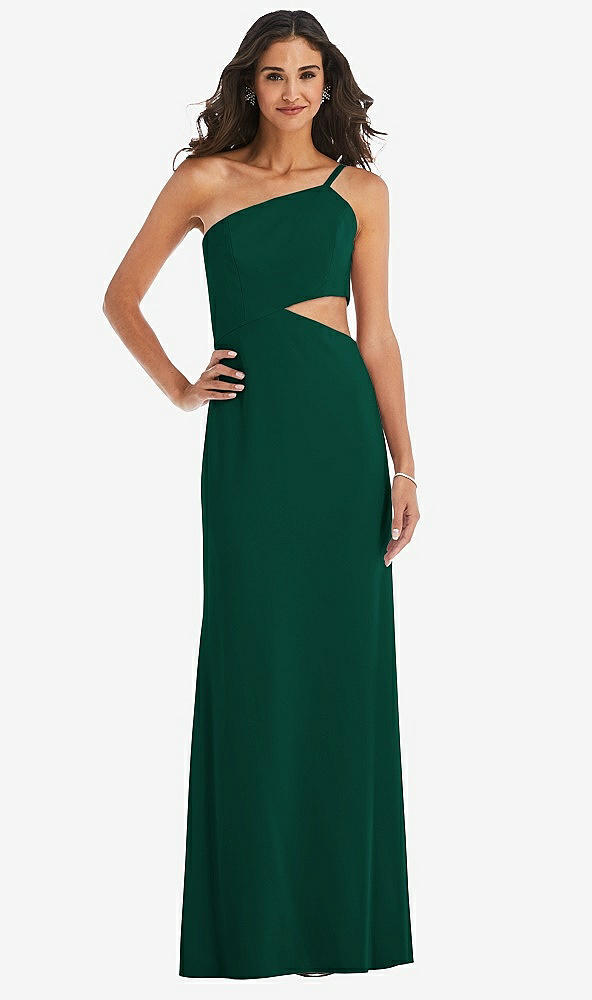 Front View - Hunter Green One-Shoulder Midriff Cutout Maxi Dress