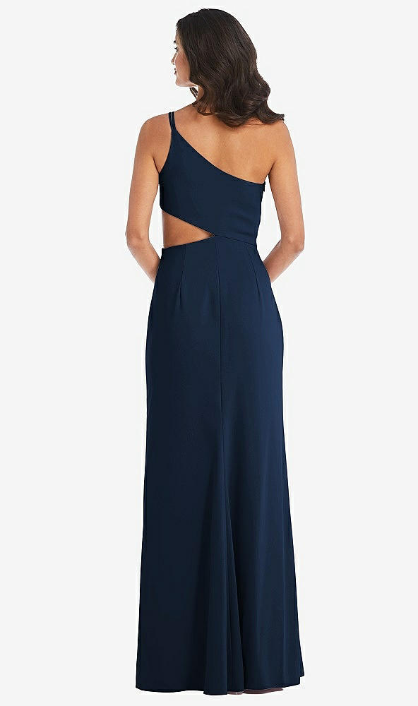 Back View - Midnight Navy One-Shoulder Midriff Cutout Maxi Dress