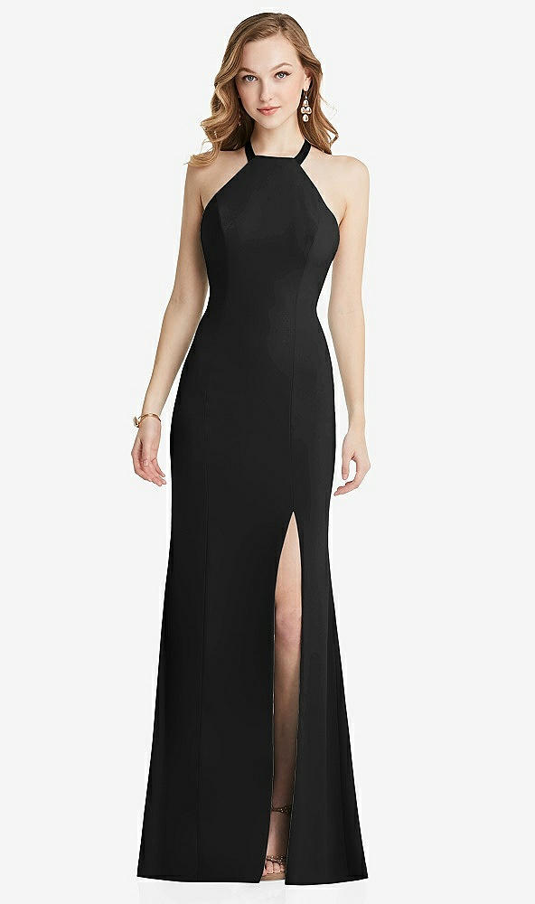 Back View - Black High-Neck Halter Dress with Twist Criss Cross Back 