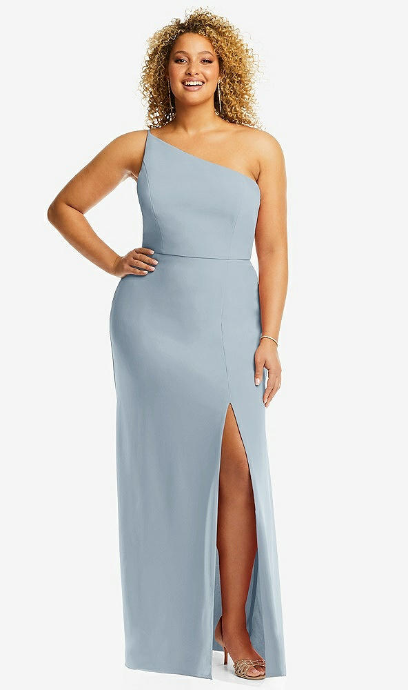 Front View - Mist Skinny One-Shoulder Trumpet Gown with Front Slit