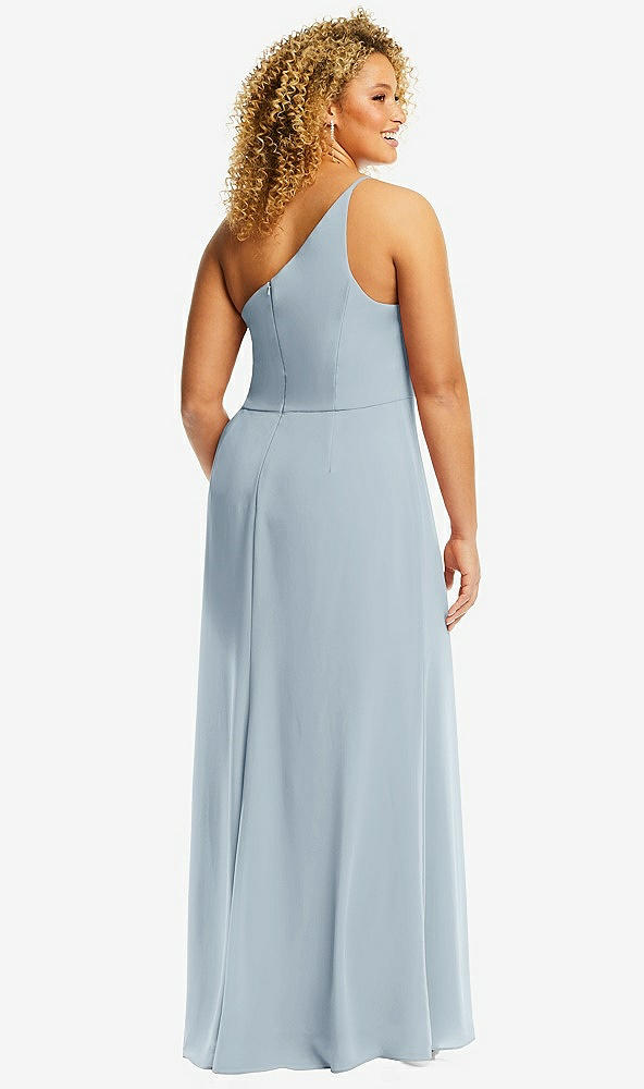 Back View - Mist Skinny One-Shoulder Trumpet Gown with Front Slit