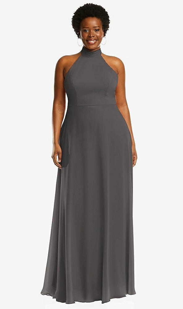 Front View - Caviar Gray High Neck Halter Backless Maxi Dress